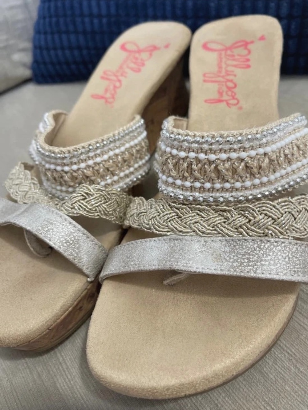 Jellypop Cream Metallic Braided Bead Strap Wedges
